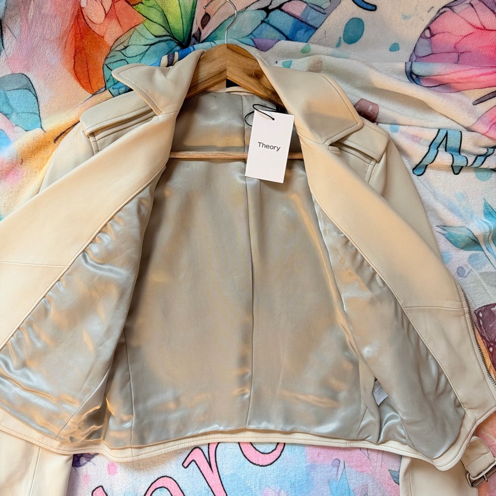 Theory Women's Beige Leather Biker Jacket L - Picture 2 of 3